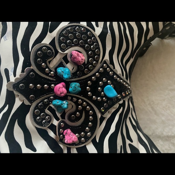 Hobo Shoulder Bag Zebra Print with Patent Black, Rhinestones, Turquoise & Pink - Picture 4 of 16